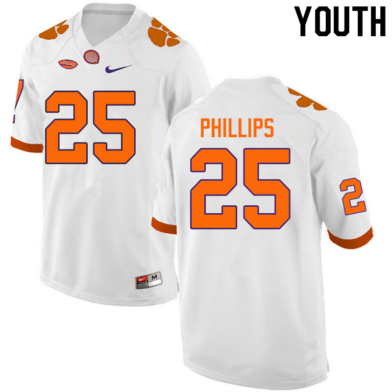 Youth #25 Jalyn Phillips Clemson Tigers College Football Jerseys Sale-White - Click Image to Close